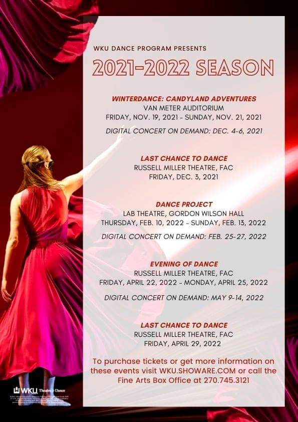 WKUDanceprogram's tweet photo. We are getting ready to start our 21-22 season in the #WKUDanceProgram! save the dates &amp; join us for our upcoming performance season! We look forward to presenting incredible faculty, student, &amp; guest artist work that continues to highlight all that our program has to offer! https://t.co/ag0DUrb8k3