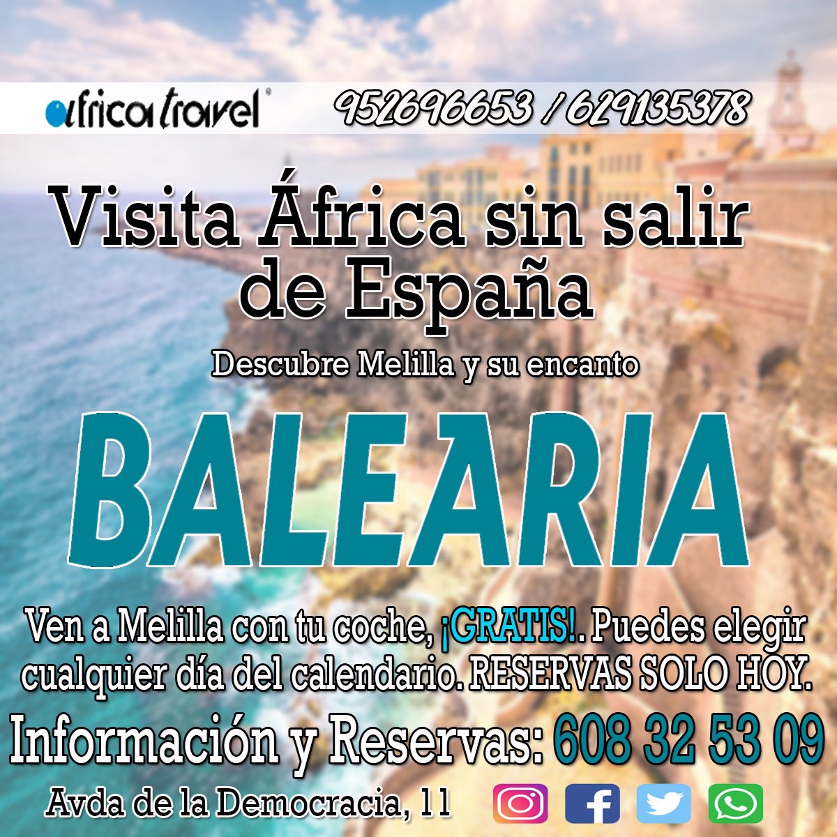 Africa Travel - Melilla (@africatravelmel) on Twitter photo ¿Quieres venir a #Melilla? junto a <a href="/Balearia/">Baleària 🛳️ Somos mar 🌊</a> te ofrecemos una super oferta. Vente cualquier día del calendario con tu coche ¡GRATIS!. SÓLO RESERVAS HASTA EL DOMINGO. Más Información y reservas: ☎ 608 32 53 09 ¿Quieres venir a #Melilla? junto a <a href="/Balearia/">Baleària 🛳️ Somos mar 🌊</a> te ofrecemos una super oferta. Vente cualquier día del calendario con tu coche ¡GRATIS!. SÓLO RESERVAS HASTA EL DOMINGO. Más Información y reservas: ☎ 608 32 53 09