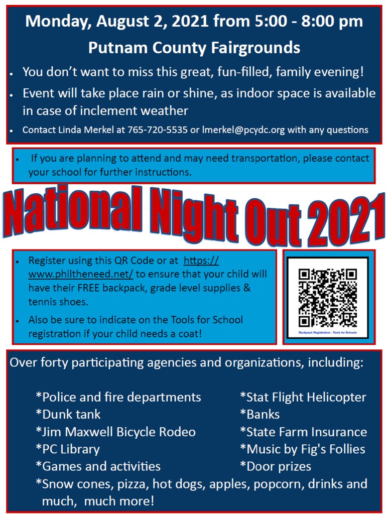 NPMScougars's tweet photo. National Night Out is Monday August 2 from 5:00-8:00 p.m. at the Putnam County Fairgrounds. If you need a ride we will be taking a bus from North Putnam High School leaving at 4:30 p.m.  Please call 765-522-6218 x603 to reserve a seat. https://t.co/HDQmFdpETb