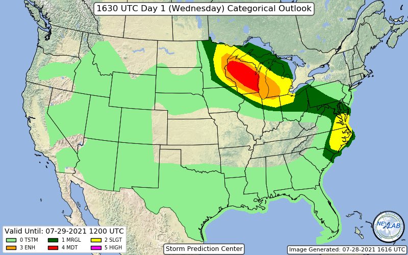 A #slight risk has been added for #NorthCarolina into #Virginia. While a 30% sig has been added for #Wisconsin and #Minnesota for very large #hail. The #tornado and wind potential remain unchanged. If you’re in the mdt have ways to get warnings and stay weather aware, be safe. https://t.co/HbxJa7zZbO
