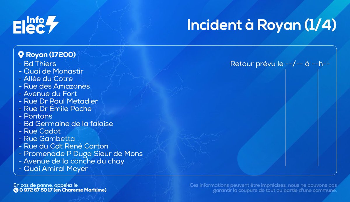 InfoElecLR's tweet photo. Suivi de l'Incident à #Royan
Voici les rues et infrastructures impactées.

#PanneDeCourant #CharenteMaritime https://t.co/wnRcrXSOFh