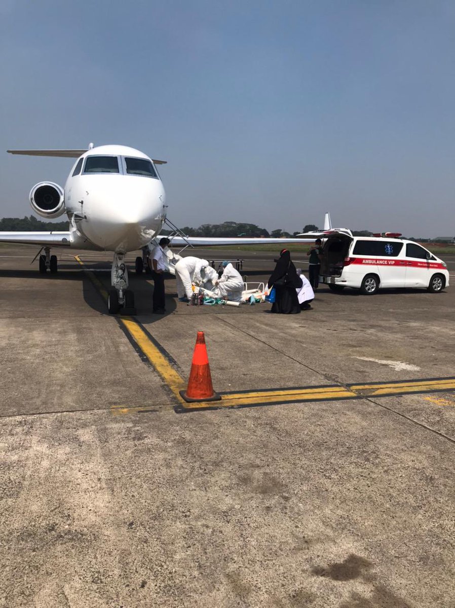 Saudi_Gazette's tweet photo. #PICTURES: #SaudiArabia’s Embassy in #Indonesia evacuated its citizens on board an air ambulance bound for the Kingdom. @KSAembassyID https://t.co/ndGDthn6zf
