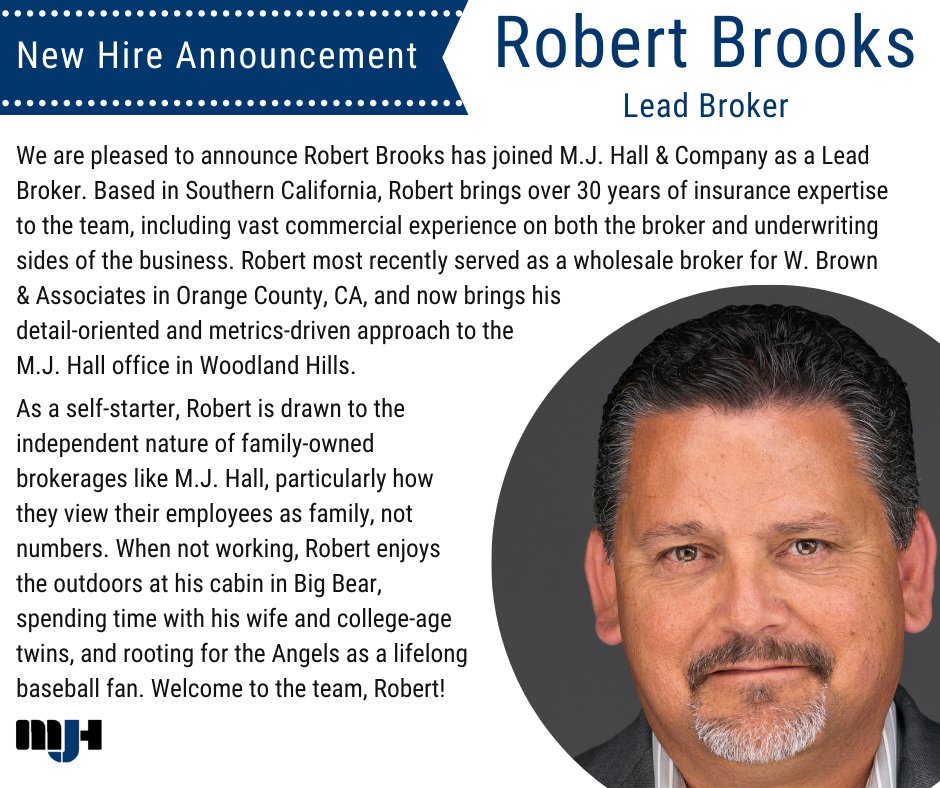 MJHallandCo's tweet photo. We are pleased to announce Robert Brooks has joined M.J. Hall &amp; Company as a Lead Broker. Welcome to the team, Robert! 
#mjhall #newhire #team #welcometotheteam #welcome #leadbroker #insurance #wholesaleinsurance #surpluslines https://t.co/on2Vcb6pXM