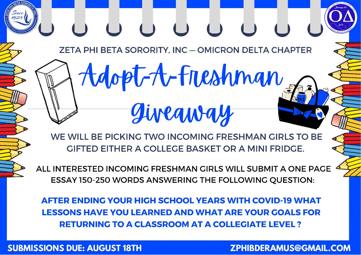 Omicron Delta Chapter of Zeta Phi Beta Sorority Incorporated is hosting our second annual “Adopt-A-Freshman Giveaway” We will be gifting two incoming freshman girls a basket of necessities or a mini fridge to assist with their first year of college. Check out the requirements 💙