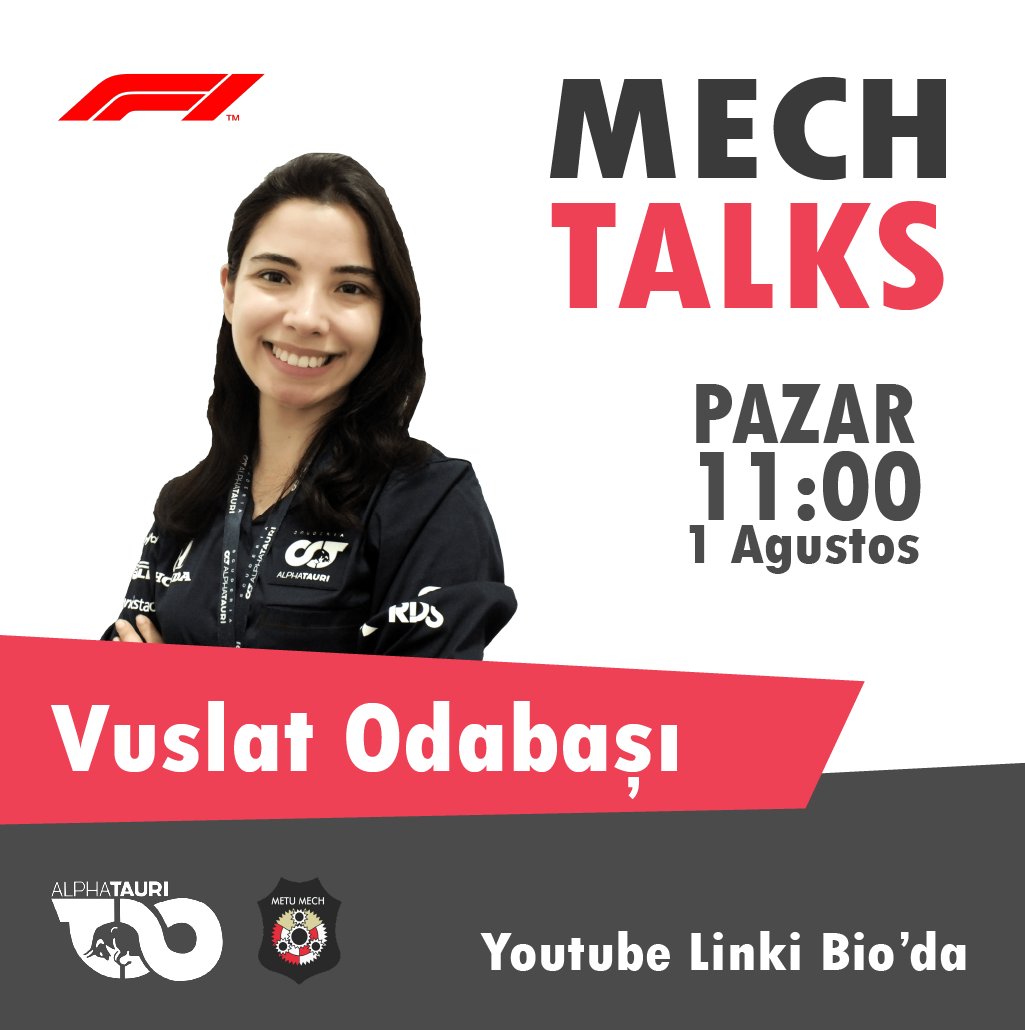 METU MECH’e ait online bir söyleşi serisi olan MeTa’nın beşincisinde Scuderia Alpha Tauri F1 takımında araç performans mühendisi olan Vuslat Odabaşı ile birlikte olacağız. Formula 1 mühendisi ile tanışmak ve merak ettiklerinizi öğrenmek için Pazar günü bize katılabilirsiniz.