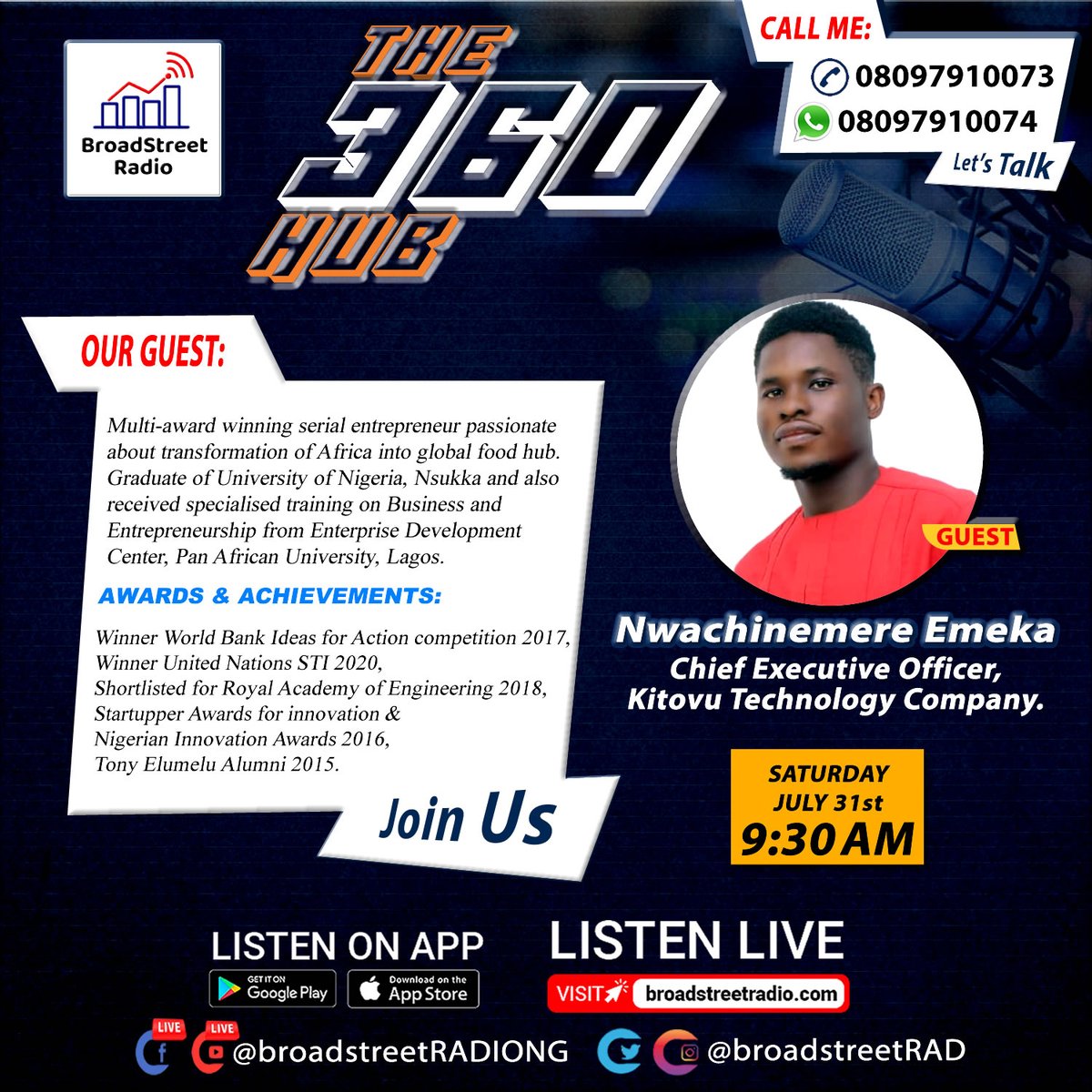 RainSMedia360's tweet photo. Join us on #360Hub with @iamRainOver and Nwachinemere Emeka of @heirmexxy CEO Kitovu Technology Company, as we discuss Agriculture... Listen live @BroadstreetRad SEE IMAGES FOR DETAILS 
#agriculture #technology  #farming #BBNaijaShineYaEyes #BBNaijaShineYaEye Nigerians Naira https://t.co/q09KF9RDpn