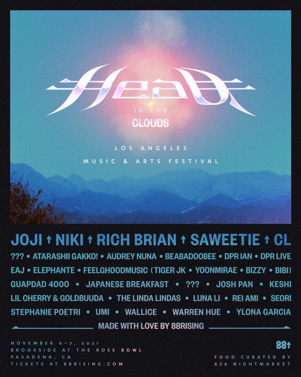 88rising's tweet photo. MADE WITH LOVE BY 88RISING PLEASE WELCOME 2021 HEAD IN THE CLOUDS LA LINEUP. GA + VIP TICKETS ON SALE TOMORROW AT NOON PST AT https://t.co/NZ2YI86eDR ❤️ ⛅️❤️⛅️❤️⛅️. More artist to lineup to be announced soon !!! 👀👀👀 https://t.co/A2GfAISmvQ