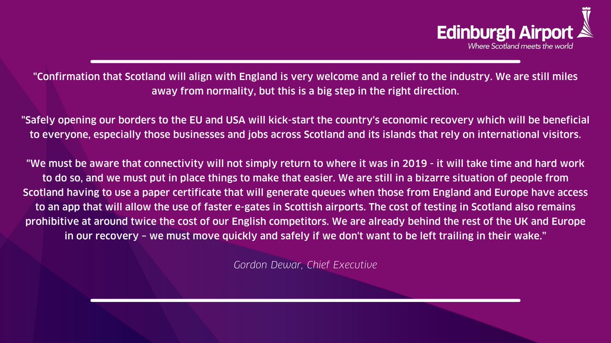 EDI_Airport's tweet photo. 🗣️| Our statement following confirmation Scotland will align with England in allowing fully vaccinated people from the EU and US to travel to Scotland without the need to quarantine. https://t.co/NG3jxHJMAx