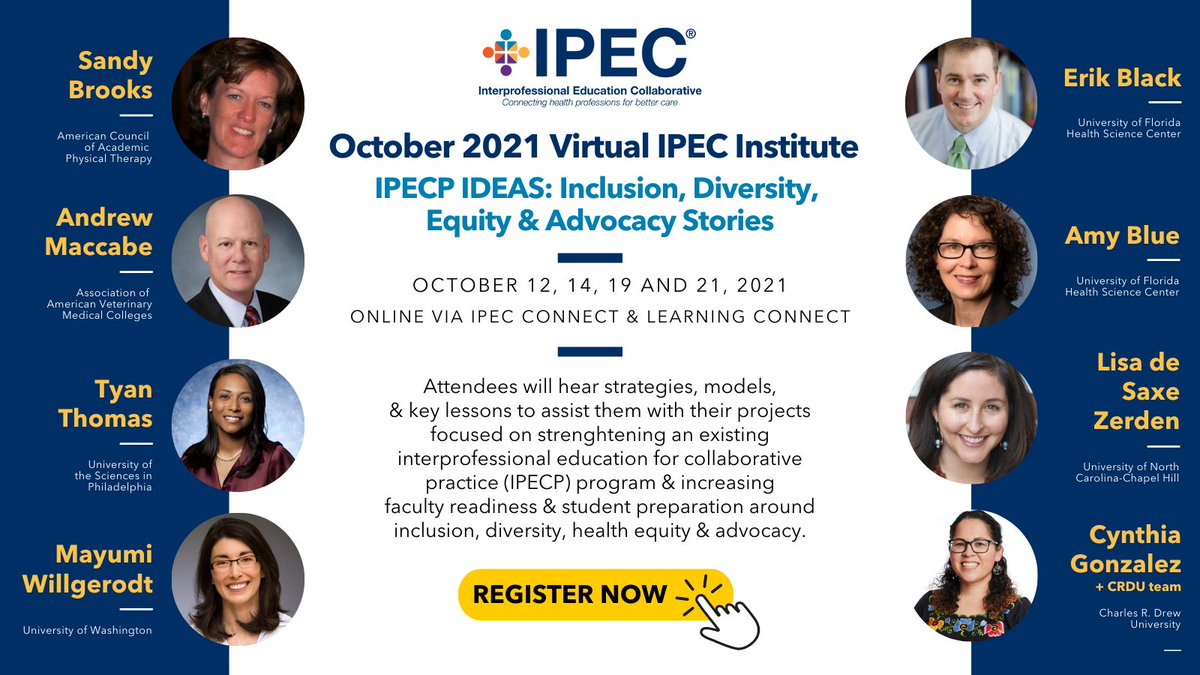 ipec_org's tweet photo. Take a look at our amazing lineup of #IPECOct21 speakers ๐ Full agenda here: https://t.co/njoM3FNJpA
Modules & virtual live sessions will cover inclusion, diversity, health equity & advocacy stories geared to help strengthen #IPE programs.
Register: https://t.co/NG2If3ljlC https://t.co/2gG3xmK62k