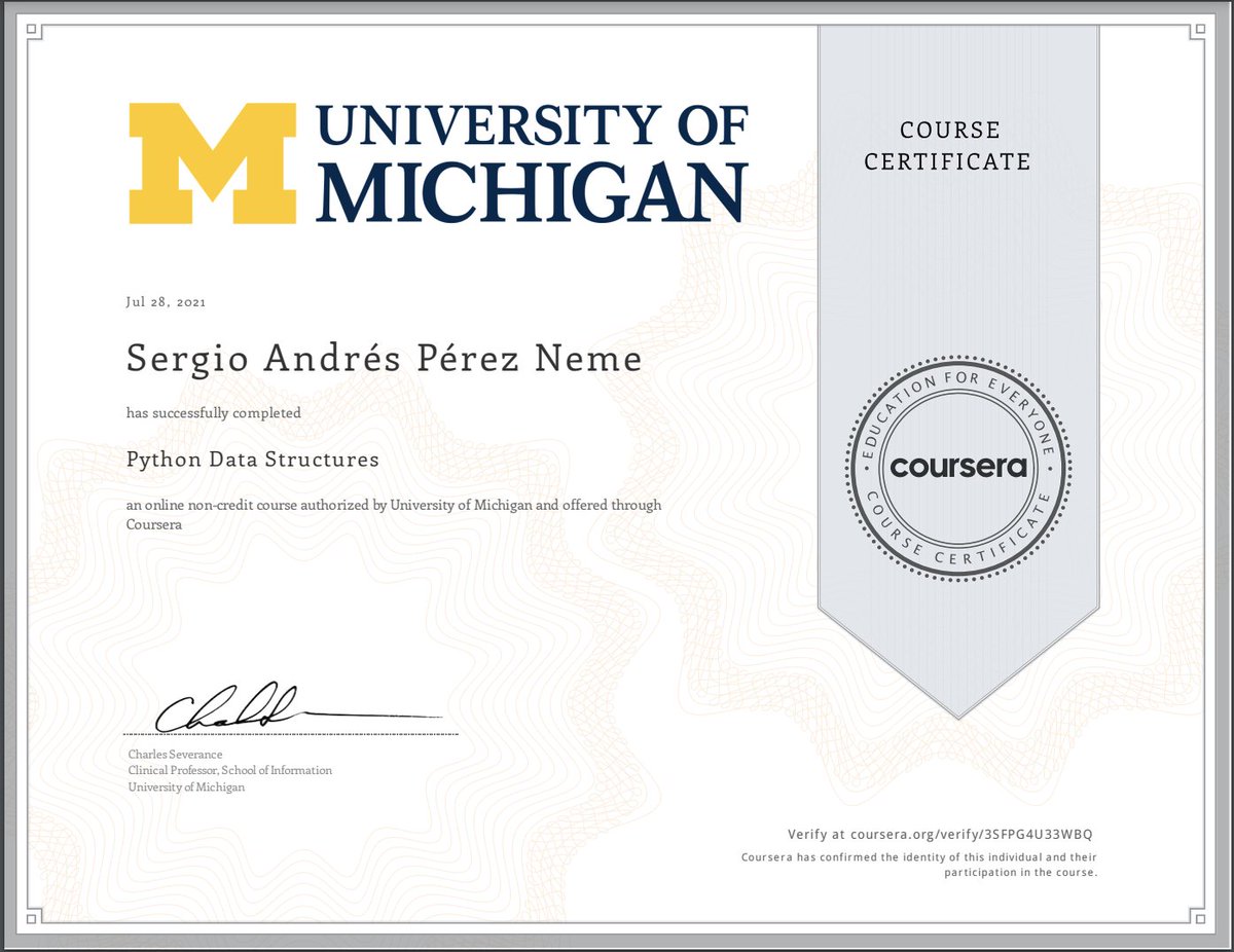 soysergioperez's tweet image. Un logro más en mi carrera como #pythonist!!! Gracias @drchuck @coursera @INEFOPoficial @SmartTalentUY @UMich @UMichOnline