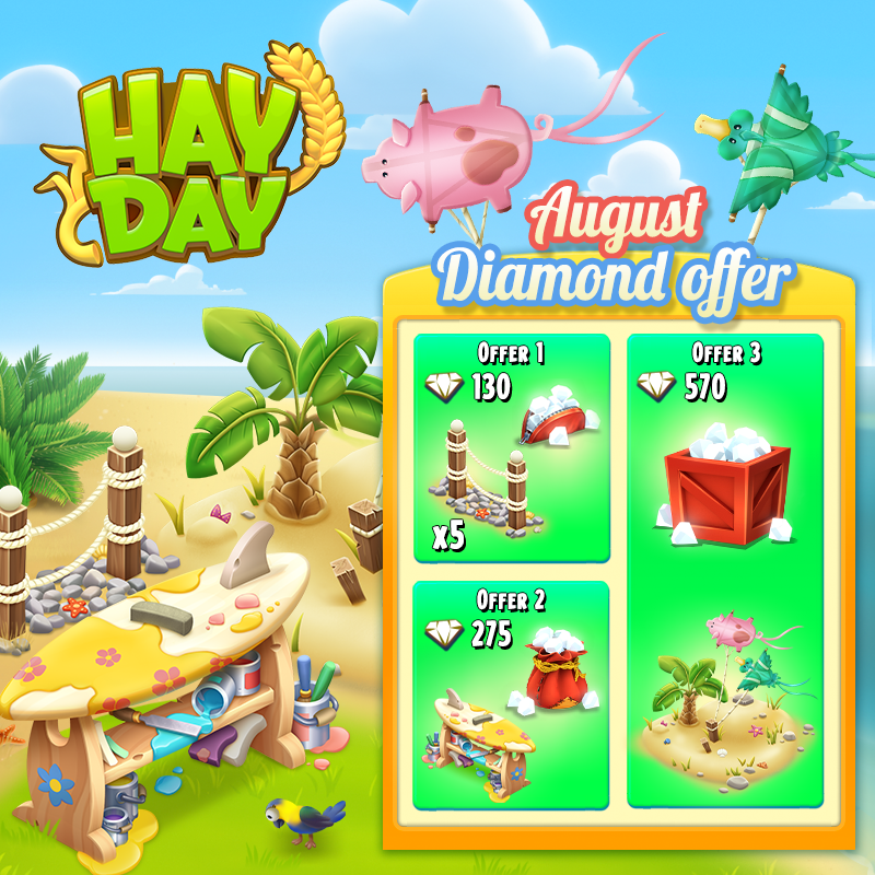 hayday's tweet photo. We have added new time-limited diamond packages to the shop! 🤩 Each one come with a special exclusive decoration!! What better opportunity than now to stock up on diamonds! But be quick, these packages are only available for a short amount of time! ⏰ #HayDay #DiamondPacks https://t.co/sviBrEaBFU