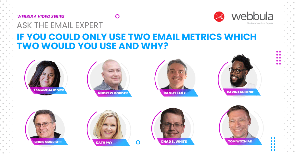 chadswhite's tweet photo. If you could only use two email metrics for the rest of your life, which two would you use and why? @Webbula asked me and seven other #emailgeeks that question. Here are our answers… https://t.co/AZdKmnbFS9 https://t.co/2n99HDVNJ4