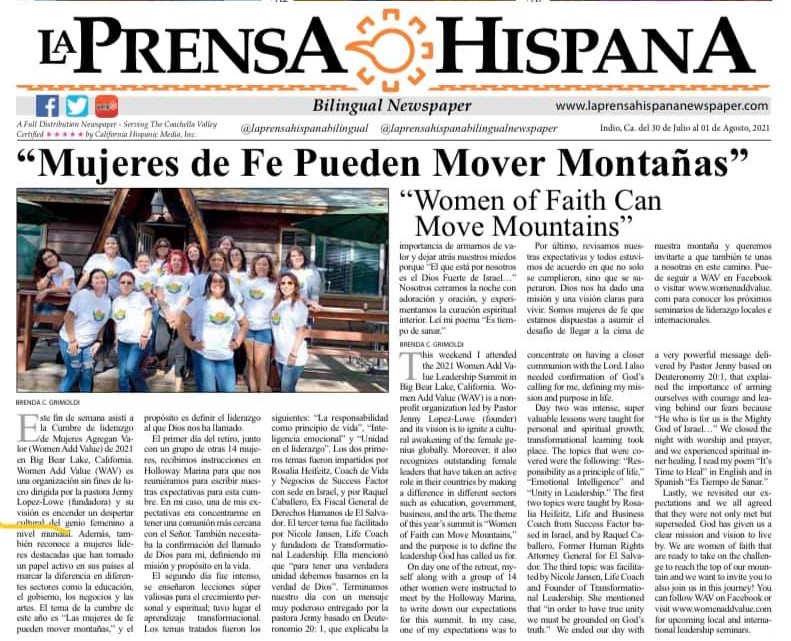 The 2021 WAV Leadership Summit got featured in La Prensa Hispana Bilingual Newspaper today! It was an honor to speak there on unity in leadership
#WomenAddValue #womensupportingwomen #leadershiptraining
