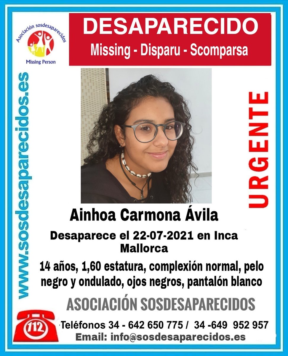 🆘MUYURGENTE ⚠️

Esta es Ainhoa, tiene 14 años y ha #desaparecido en Inca #Mallorca

Si la has visto llámanos
 ☎ #062 
 ☎ 112 

Tu RT es muy importante.