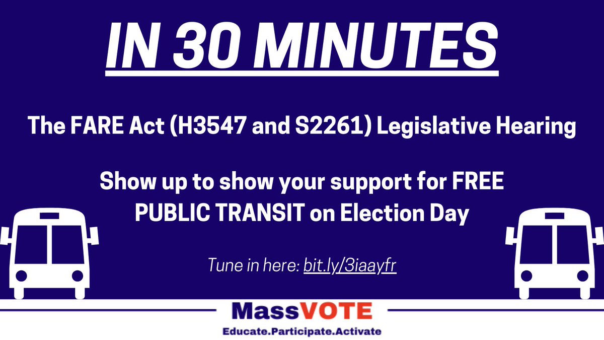 We're about to tell the state why public transit should be FREE on election day. Tune in: malegislature.gov/Events/Hearing…. TY @joeboncore, @RepFrankMoran, and @RepChynahTyler for sponsoring the #FAREAct, and orgs like @MASSPIRG, @CommonCauseMA, @MAVoterTable for supporting it! #mapoli