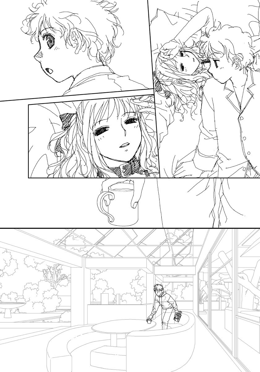 「My doll house」の下描き
台詞フキダシ擬音無し絵その、16

一番下のコマの背景は使い回しが多いのでもっと横に大きく描いています😅 