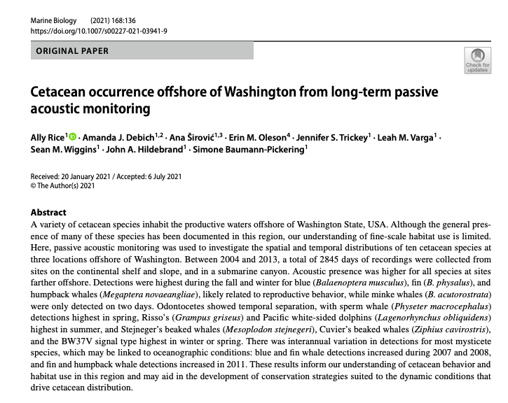 Scripps_AEL's tweet photo. 📣New paper alert in @Mar_Biology 📣

Long-term passive acoustic monitoring from 2004-2013 at three sites offshore of Washington provides insight on seasonal distribution and habitat use for ten cetacean species! https://t.co/vjenyYdWOx