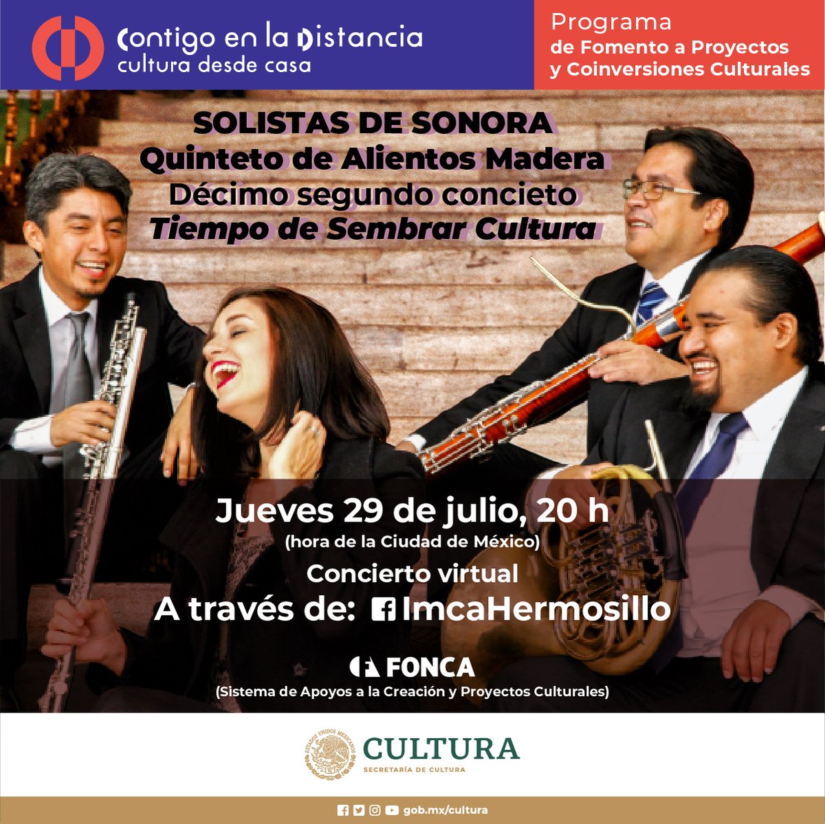 SistemaCreacion's tweet photo. El próximo concierto de “Tiempo de sembrar Cultura” se llevará a cabo este 29 de julio. Asiste desde casa a este recital del Quinteto de Alientos Madera y disfruta de su música 🎻

👉 https://t.co/YjxhPNiz67 
Mañana, 20 h

#ContigoEnLaDistancia https://t.co/cPlmYvsUPL
