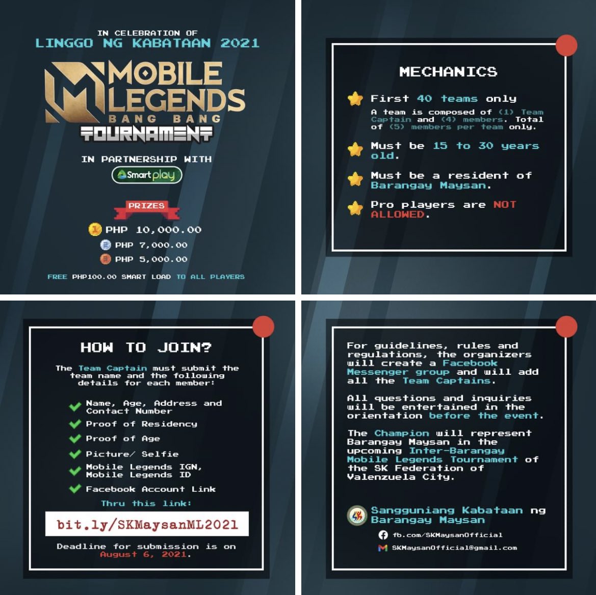 micahvmallari's tweet photo. SANGGUNIANG KABATAAN OF MAYSAN

In Celebration of Linggo ng Kabataan 2021

[Thread]

SK MAYSAN MOBILE LEGENDS TOURNAMENT 2021

In Partnership with Smart Play

You can win cash prizes while playing online and staying at home

#LNK2021 #MLTournament #SKMaysan #SmartPlay #StayAtHome https://t.co/qcR1vU2uwb