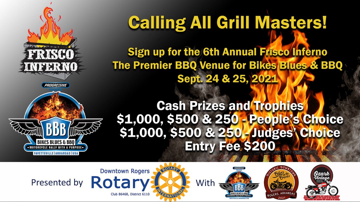 The Rotary Club of Downtown Rogers invites you to compete in the Frisco Inferno BBQ competition returning to downtown Rogers at the newly renovated Railyard Park during <a href="/BBBRally/">Bikes, Blues & BBQ</a>!

To register to compete, visit:
friscoinferno.com/enter-a-team.h…