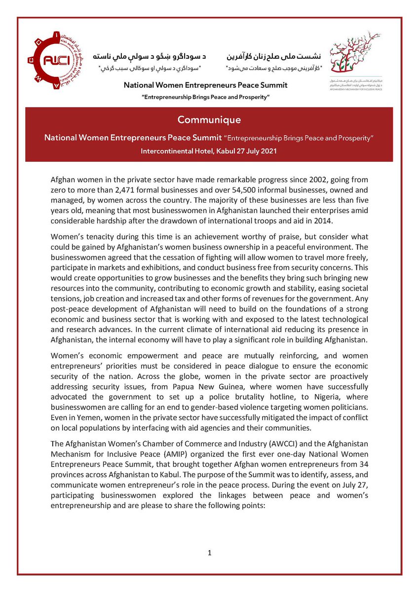 AWCCI2's tweet image. AWCCI and AMIP held National Women Entrepreneurs Peace Summit on  27.07.2021 with women from all 34 provinces. This communique was issued. bit.ly/3BPnjUo                                                     @AMIP_AFG @ITCnews @CIPEglobal @ieew_ptb @USAfghanWC @wto