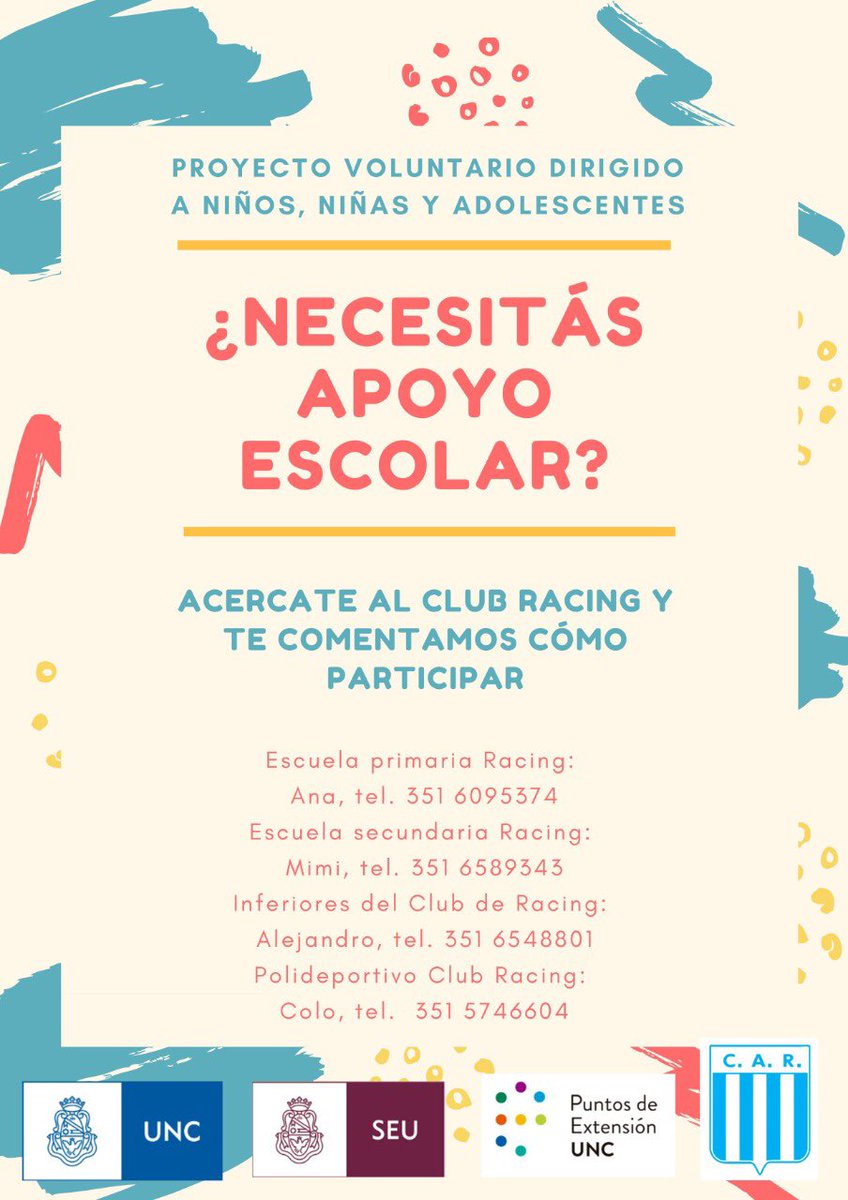ClubARacing's tweet photo. 👉PROYECTO VOLUNTARIO DIRIGIDO A NIÑOS, NIÑAS Y ADOLESCENTES.
Necesitas apoyo escolar ?
Acércate o comunícate a los teléfonos que figuran en la imagen 👇
Otro servicio más para nuestros jóvenes.
#Seguimosprogresando 💪 https://t.co/BuQtPP9BOr
