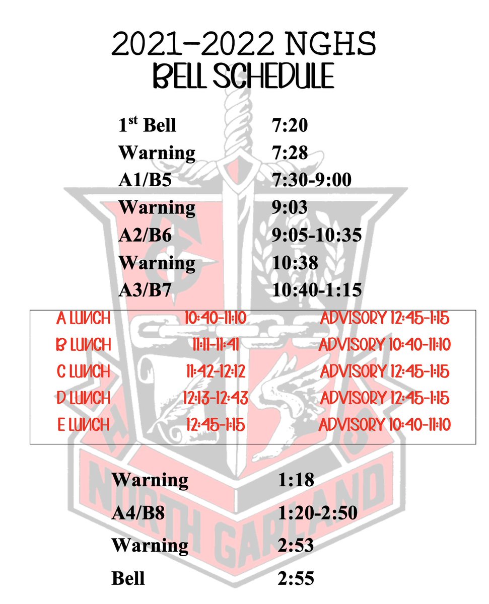 We're excited to welcome back all of our Raiders on Monday! Please remember our class schedule for the upcoming school year. See you at 7:30 AM next Monday!