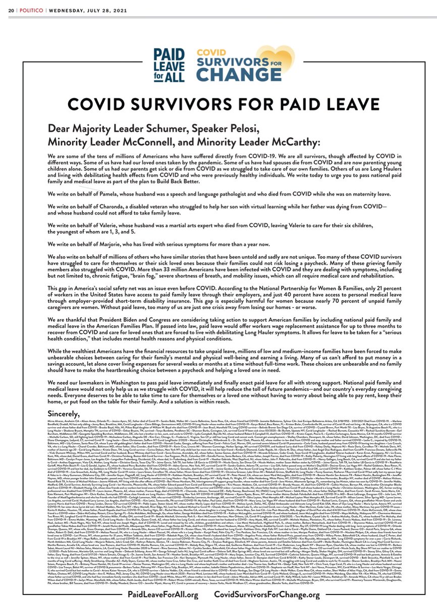SurvivorsChange's tweet photo. #PaidLeaveForAll would extend a lifeline to workers and families who have been impacted by #COVID19.  Today in the @politico and @thehill, an open letter from hundreds of #Covid_19 survivors urging Congress to take action and pass #PaidLeave. https://t.co/c7l6RZjLgL