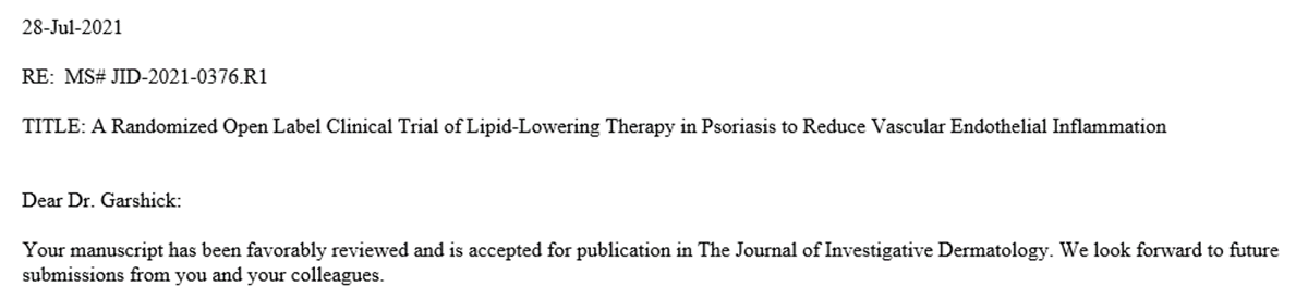 Congratulations @garshick on acceptance of your pilot #RCT on statins in #psoriasis - great work! Nice accomplishment! Will help improve CV health in a high-risk group @NYUCVDPrevent @NYUCVRC @NPF