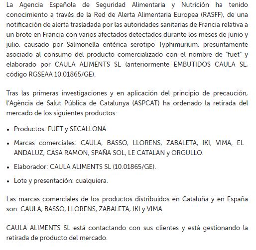 AESAN_gob_es's tweet photo. ⚠️ ALERTA ALIMENTARIA por presencia de Salmonella
 
Producto afectado FUET y SECALLONA elaborado por CAULA ALIMENTS SL
Ver detalles ⬇️

✔️ Se está procediendo a la retirada del producto
❌ NO CONSUMIR

Más ℹ️ en 
https://t.co/SFPRNXnoVP https://t.co/4Dszs7B5nV