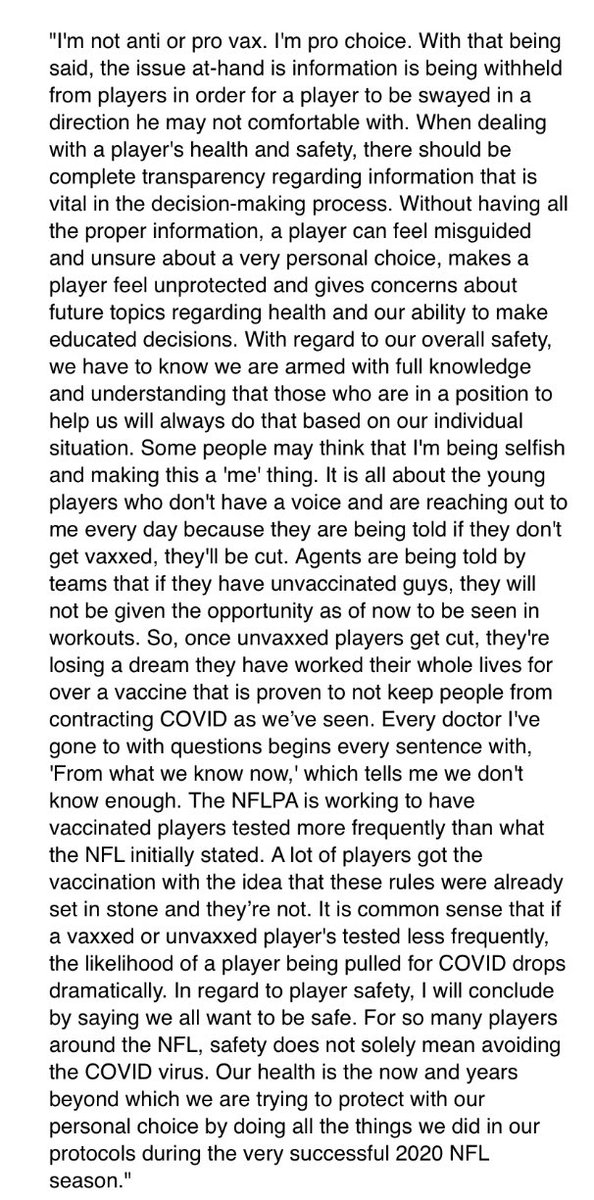 Here is the full and controversial statement from #Bills WR Cole Beasley, on vaccines and much more: