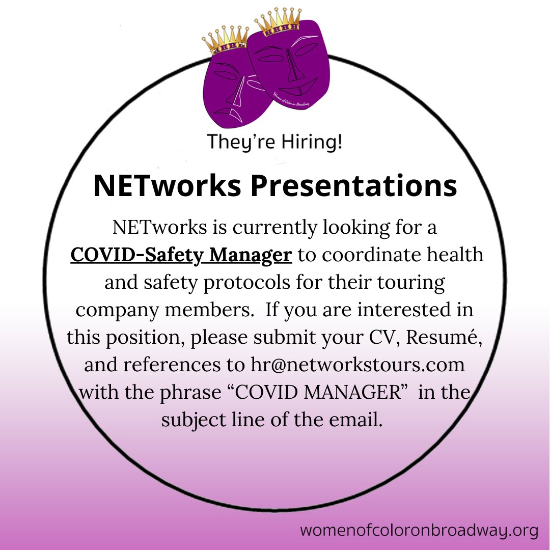 The COVID Safety Manager for @networkstour is a full-time touring position responsible for the coordination of all COVID Health and Safety Protocols for the touring company members and tour management in conjunction with the local venue personnel. 

Check our blog for more info!