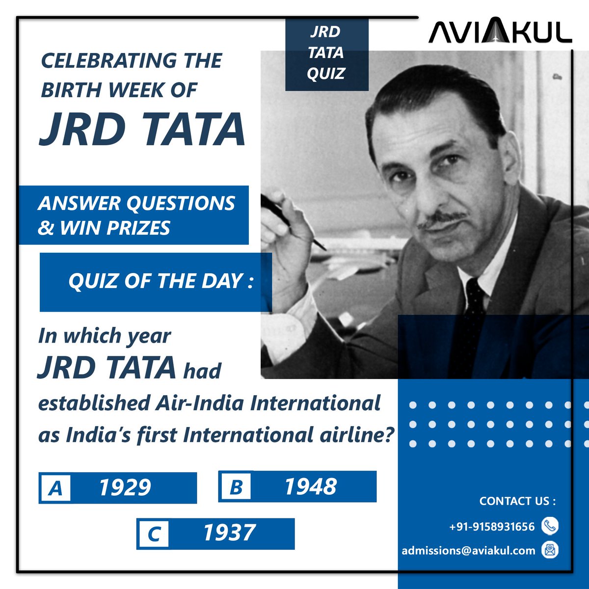 aviakulofficial's tweet photo. We are celebrating the birth week of JRD TATA. Answer questions about him and &amp; WIN PRIZES

#aviakul #jrdtata #quiz #pilot #fto #aviation https://t.co/icHohqxhTi