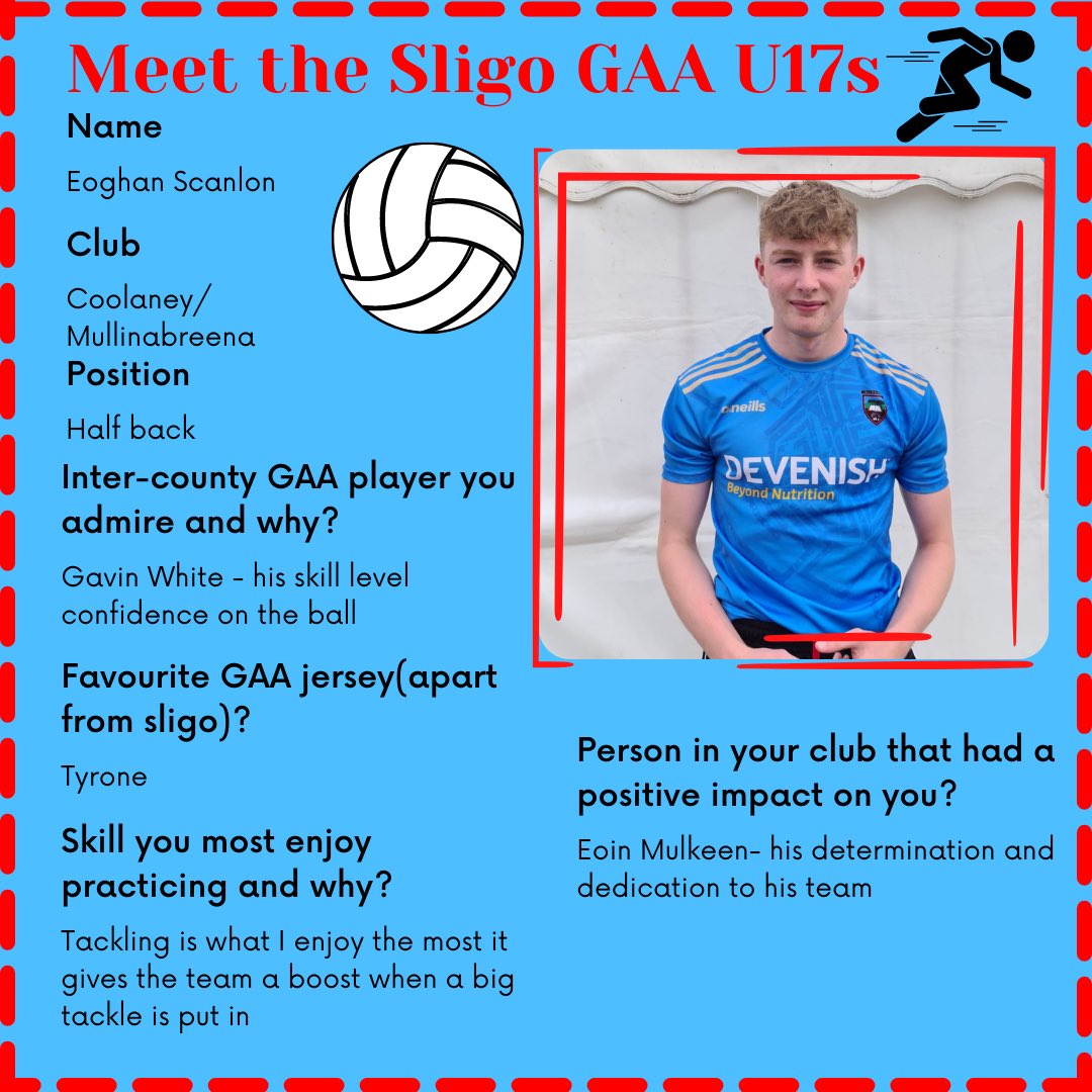 SligoGAACandG's tweet image. Our U17 @sligogaa squad get their Championship campaign underway this Friday Vs Leitrim. 

Meet Eoghan Scanlon of @CoolMbreenaGAA 🏁