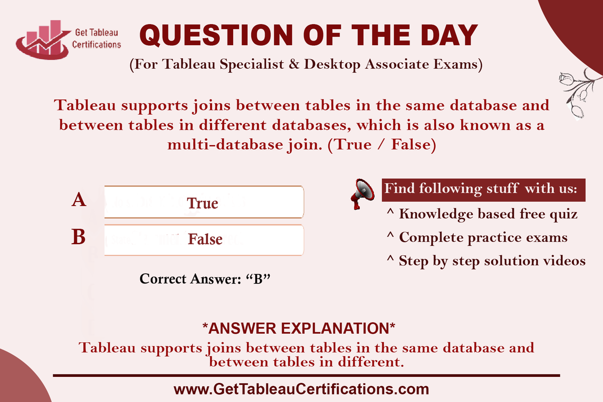 GetTableauExam's tweet photo. Take FREE Tableau Quizzes and Get the Complete Tableau Certification Practice Exams Dumps.

🔗 Learn More 👉 https://t.co/34Ffl9NSIV

🔰 4 Complete Practice Exams 
🔰 2 Knowledge Based Exams 
🔰 176 Questions

#tableau #tableaucertification #tableaucertificationdumps https://t.co/NBPl3YA6jO
