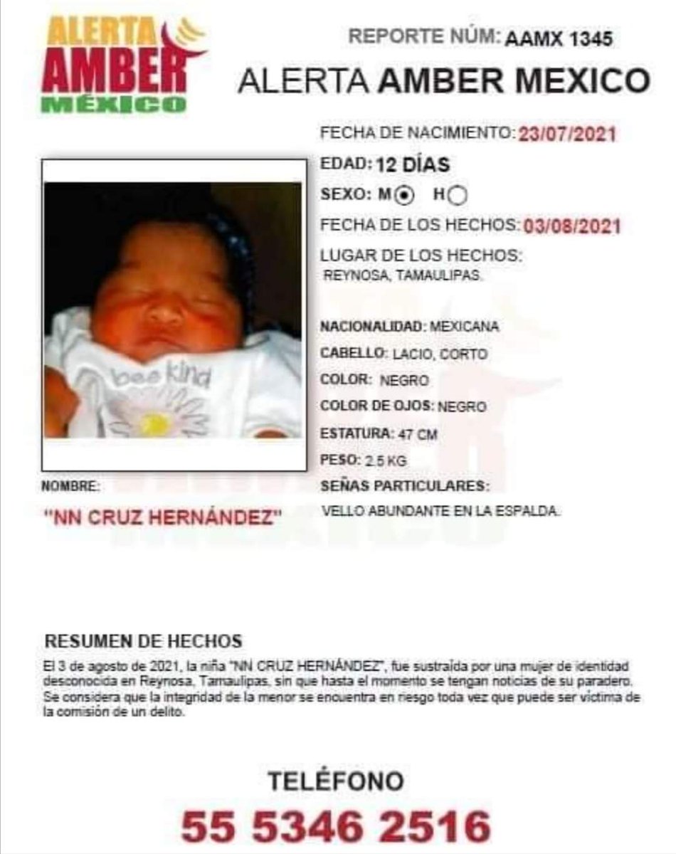 ManifiestoTam's tweet photo. #AlertaAMBER #Reynosa  Solicita su apoyo,  para la búsqueda y localización de la niña (NN) CRUZ HERNÁNDEZ, de 12 días de Nacida. 

Podría estar en cualquier ciudad por favor 🙏 #ComparteyAyuda  #HastaEncontrarla #tamaulipas #Reynosa #Seguridad https://t.co/KQL3PdpNiN