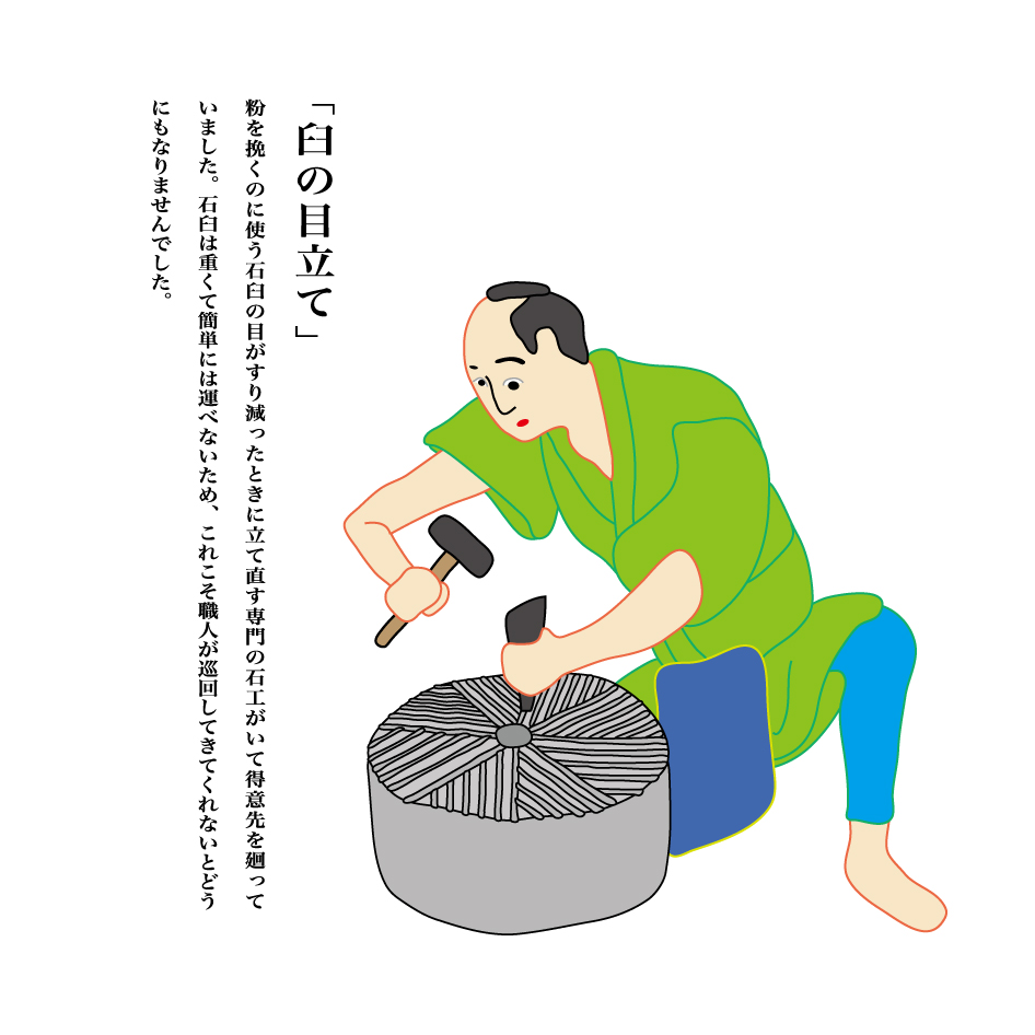 江戸時代のリサイクル業者シリーズ、其の十八は「臼の目立て」。粉を