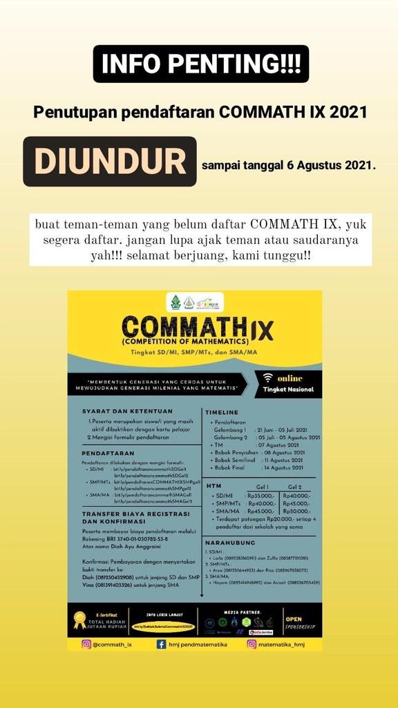 hmjmathuinws's tweet photo. guyysss kuy daftar COMMATH IX 2021 

#matematika #olimpiadematematika #uinwalisongo #cintamatematika https://t.co/cyofVXa6oy