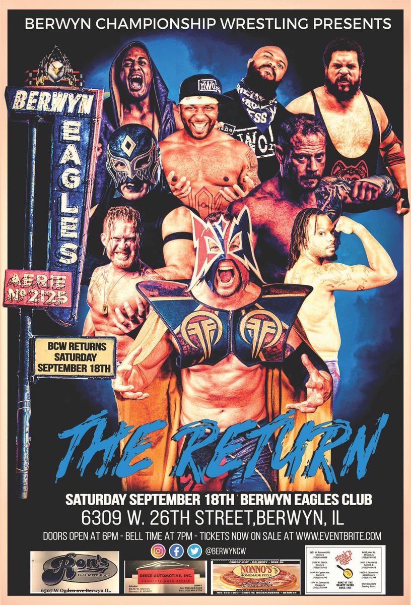 BerwynCW's tweet photo. Save the date for “THE RETURN” of Berwyn Championship Wrestling on September 18!
#BCWReturns
https://t.co/MNNAZvFMEx https://t.co/jBTKCdTOvQ