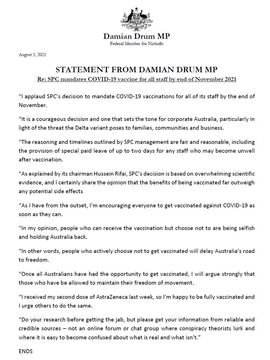 Here is my statement regarding today’s announcement by SPC that it is mandating the COVID-19 vaccine for all staff by end of November 2021 #auspol