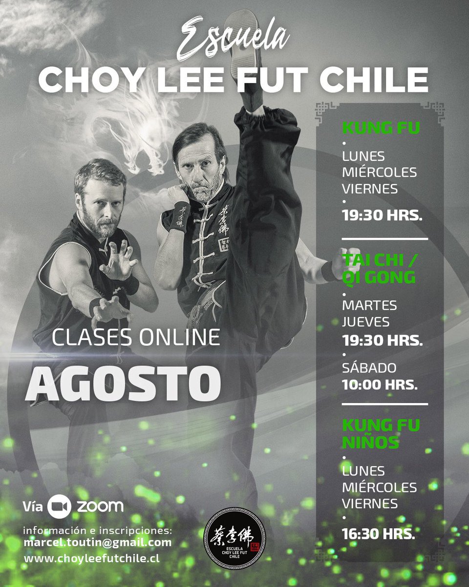 clfchile's tweet photo. AGOSTO 2021 CLASES ONLINE KUNGFU/TAICHI/QIGONG
Nuestra Escuela Choy Lee Fut Chile desde 1984 dedicada a la enseñanza de diferentes técnicas marciales y de salud.Impartimos clases vía Zoom grupales y personalizadas.Mándanos un email a marcel.toutin@gmail.com para mayor información https://t.co/dUvyEzubN1