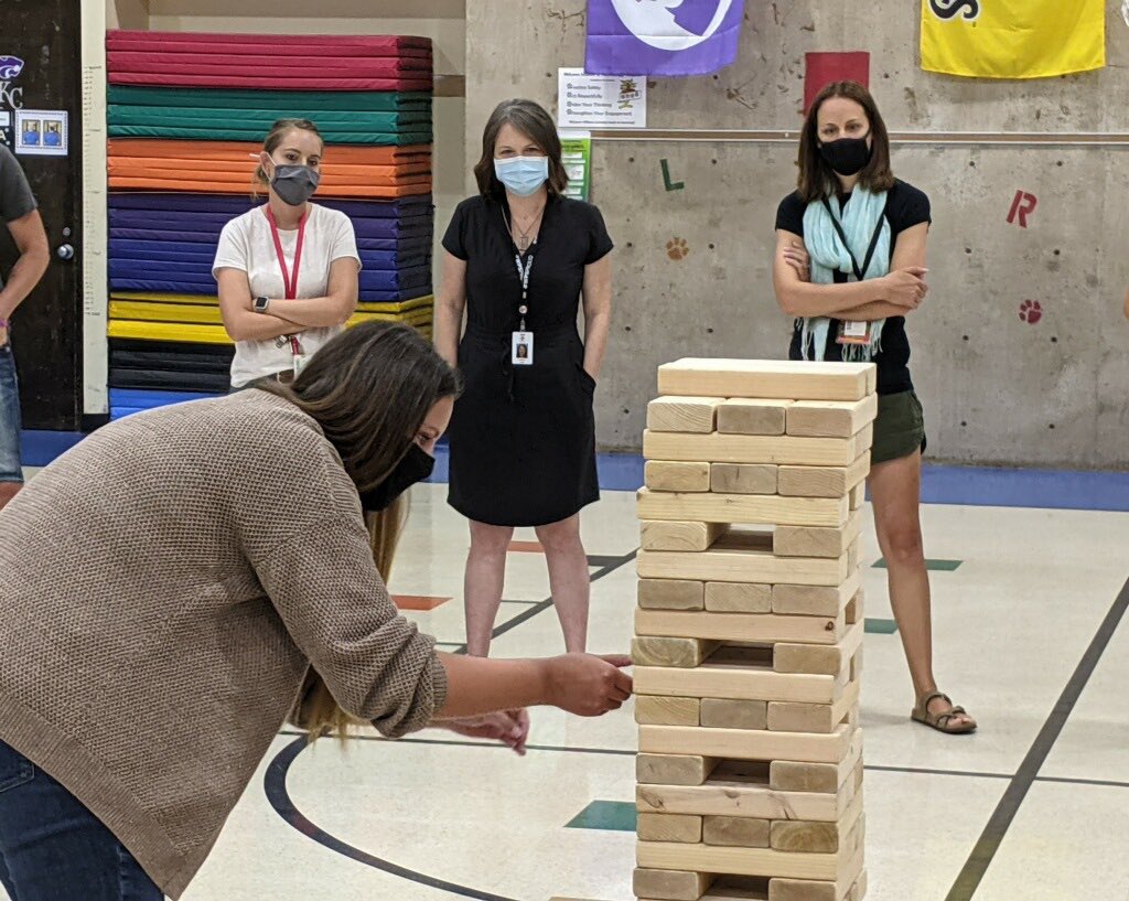 mcleanwildcats's tweet image. Team building-Giant Jenga style! Staff answered the question on the block they pulled. All staff got through without a fall...a sign of good things to come! Welcome back McLean staff!! #WildForMclean #wpsproud #WPSIgniteLearning