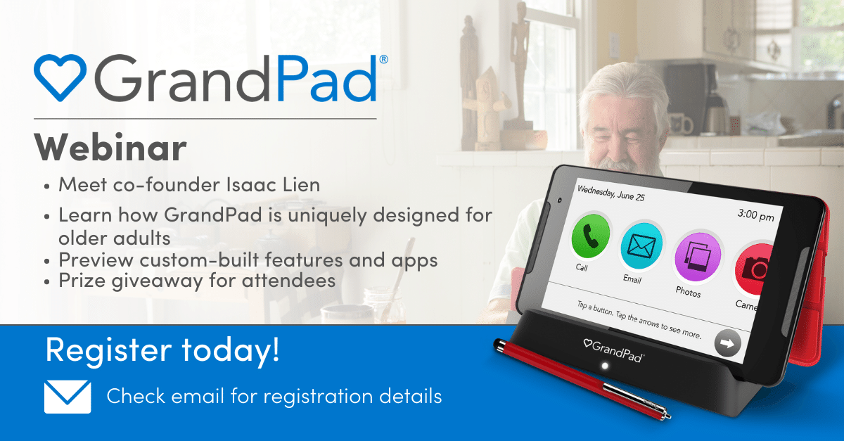 grandpad_social's tweet photo. TOMORROW: Join us for an inside look at everything GrandPad offers to help older adults stay entertained and in touch with loved ones. https://t.co/Hc1E4DuGSt

#webinar #seniorcare #technology #seniorliving #seniortech #eldercare #caregiving #grandpad #seniortablet https://t.co/haBP66CqKj
