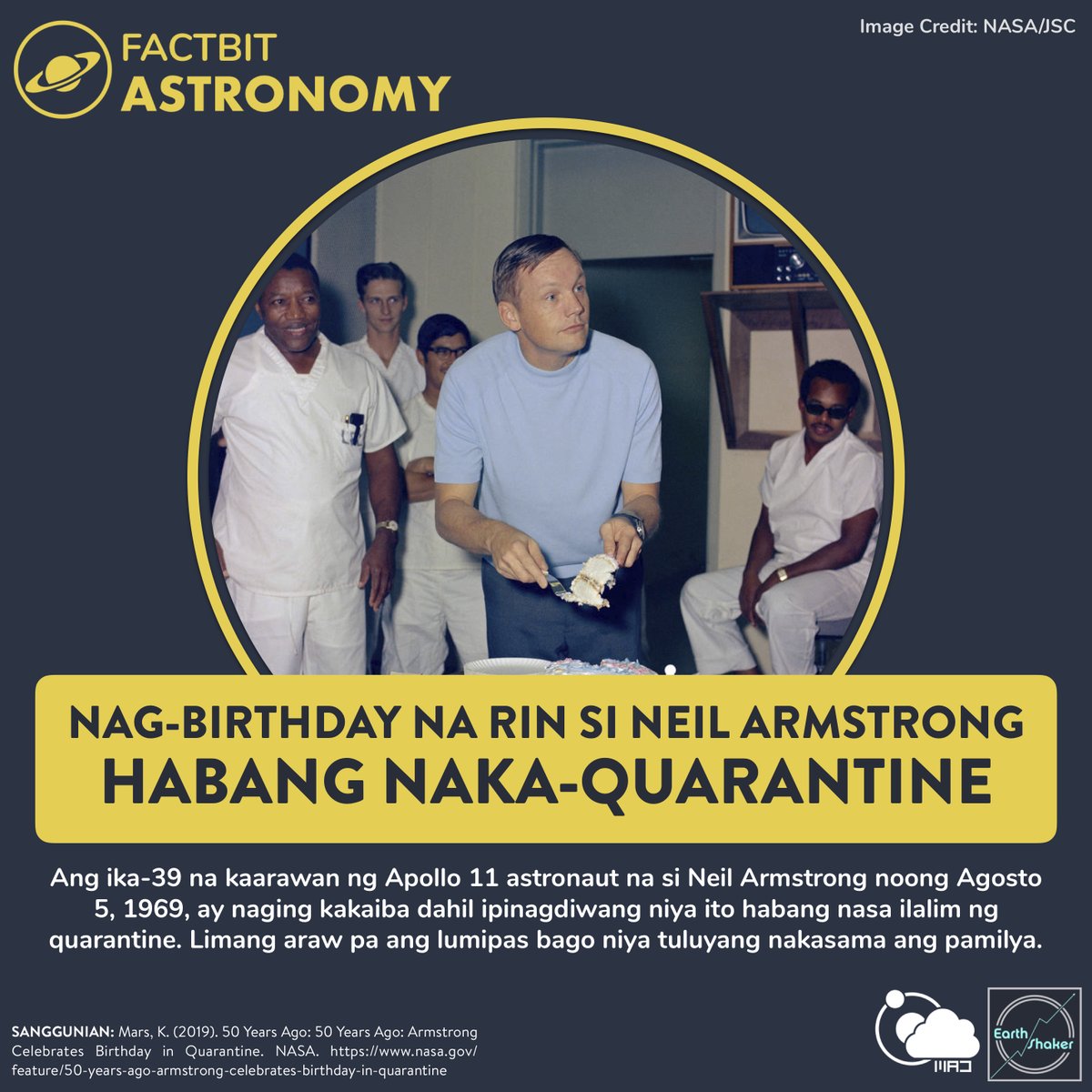 earthshakerph's tweet photo. #FactBit BIRTHDAY SA QUARANTINE!
Ilang "quarantine birthday" na ang pinagdaanan niyo? Ang Apollo 11 astronaut na si Neil Armstrong ay nagdiwang na rin (Agosto 5) ng birthday habang naka-quarantine - pagkagaling sa buwan!🌕
Basahin: https://t.co/j0zDR1bJOn https://t.co/vYPh5DanN5