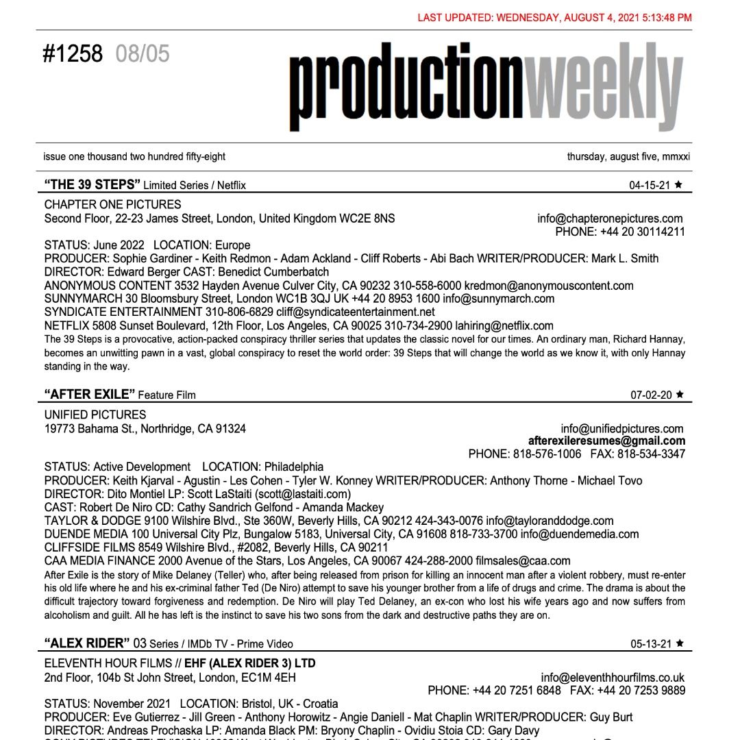 #RT <a href="/prodweek/">Production Weekly</a>: Production Weekly - Issue 1258 - Thursday, August 5, 2021 / 161 Listings - 37 Pages - Production Weekly buff.ly/3ysfzFE