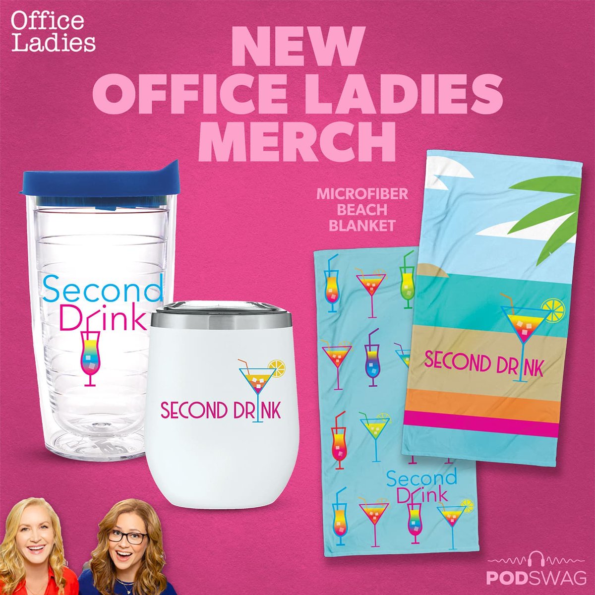 Podswag's tweet photo. What episode of #TheOffice is your favorite? Revisit special moments while listening to your favorite podcast and sipping your favorite drink out of your new favorite tumbler.  Brand new @officeladiespod #SecondDrink merch is waiting for you at https://t.co/lVNUXSTc0f https://t.co/IC9gYjwY6W