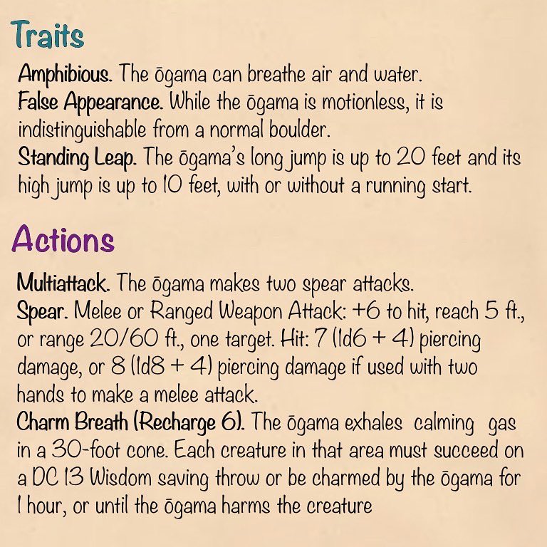 TheHuntersJour1's tweet photo. Today we have another yōkai — the Ōgama! It is a toad that has lived to 1000 years, its body growing with each year. Its rainbow colored breath has charming properties and can lull a person into a trance long enough to bring a spear to their heart.

#dnd #dndhomebrew #statblock https://t.co/VnHzJqT2Mj