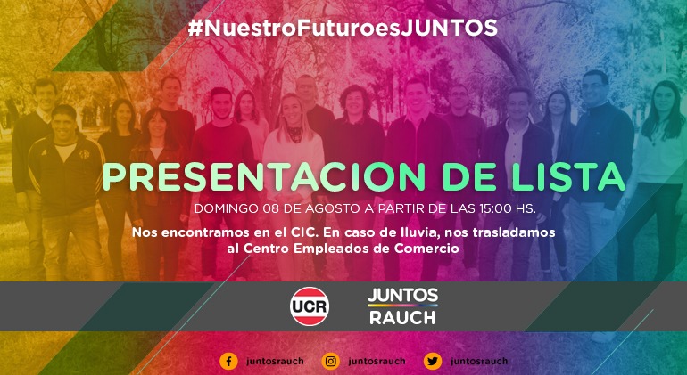 📌 Renovamos las fuerzas, las ganas 😀 y sobre todo el #compromiso. Porque creemos que el futuro es #JUNTOS 🤝; te invitamos este #Domingo 08 de Agosto al acto de #Presentación de lista que tendrá lugar en el CIC a partir de las 15:00 hs. ⏱