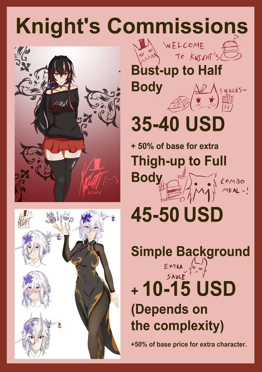 ErebonianKnight's tweet photo. Here is my new updated commissions sheet. Each time I reopen slots, I'll QRT + change my status. If you'd like to be a part of a waitlist, I can reserve one space. First come first serve.

#artcommission #commissionsheet #ArtistOnTwitter #under1kgang #commissionsopen https://t.co/KkqXF30szf
