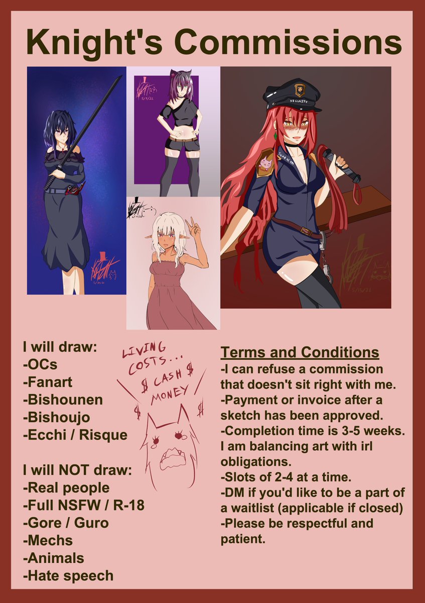 ErebonianKnight's tweet photo. Here is my new updated commissions sheet. Each time I reopen slots, I'll QRT + change my status. If you'd like to be a part of a waitlist, I can reserve one space. First come first serve.

#artcommission #commissionsheet #ArtistOnTwitter #under1kgang #commissionsopen https://t.co/KkqXF30szf